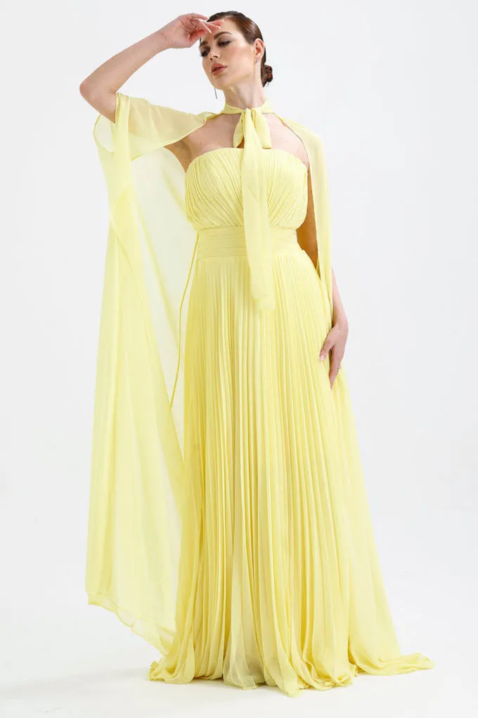 𝐀𝐃𝐄𝐋 Strapless Collar Pleated Chiffon Cape Evening Dress-T56735