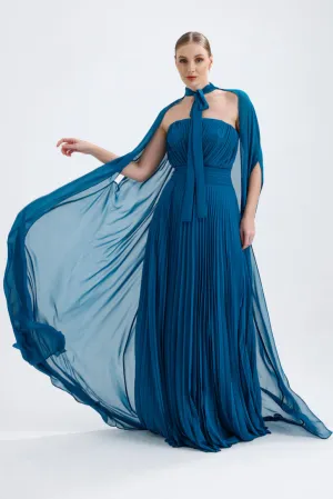 𝐀𝐃𝐄𝐋 Strapless Collar Pleated Chiffon Cape Evening Dress-T56735