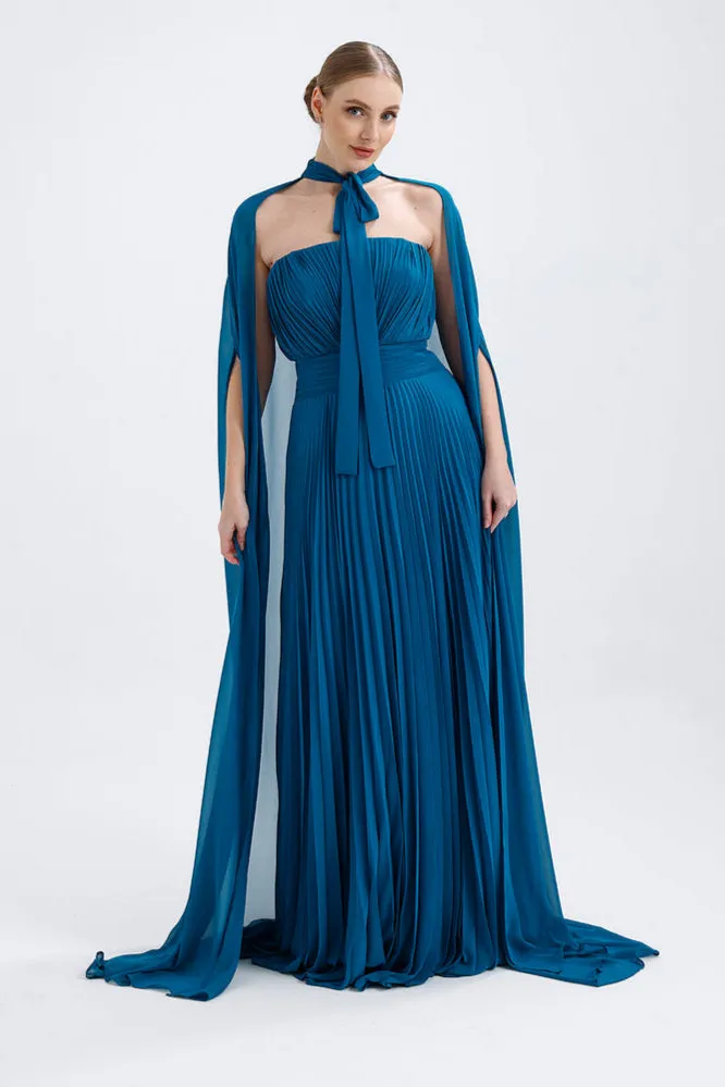 𝐀𝐃𝐄𝐋 Strapless Collar Pleated Chiffon Cape Evening Dress-T56735