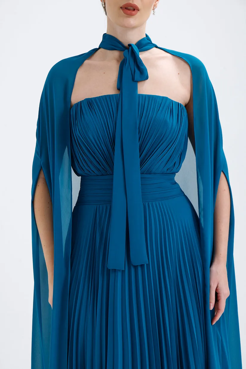 𝐀𝐃𝐄𝐋 Strapless Collar Pleated Chiffon Cape Evening Dress-T56735