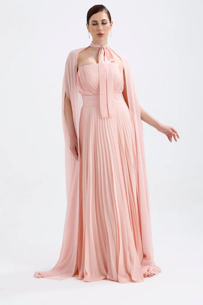 𝐀𝐃𝐄𝐋 Strapless Collar Pleated Chiffon Cape Evening Dress-T56735