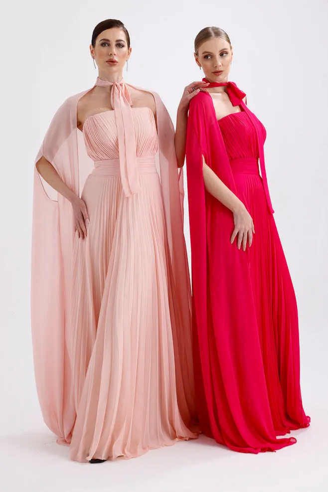 𝐀𝐃𝐄𝐋 Strapless Collar Pleated Chiffon Cape Evening Dress-T56735