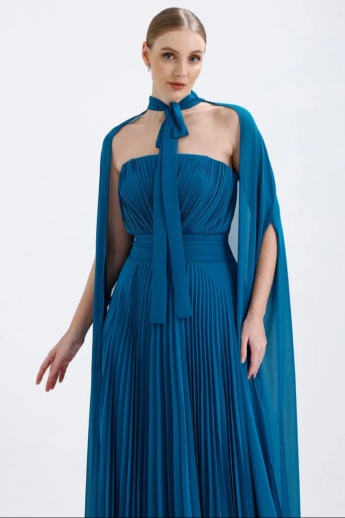 𝐀𝐃𝐄𝐋 Strapless Collar Pleated Chiffon Cape Evening Dress-T56735