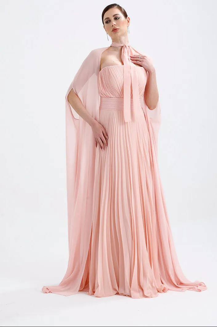 𝐀𝐃𝐄𝐋 Strapless Collar Pleated Chiffon Cape Evening Dress-T56735