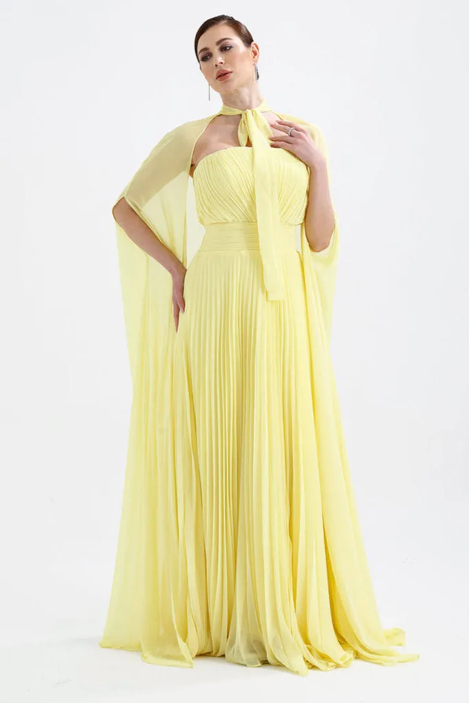 𝐀𝐃𝐄𝐋 Strapless Collar Pleated Chiffon Cape Evening Dress-T56735