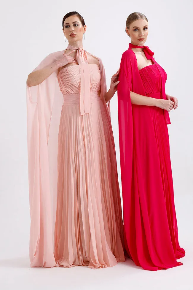 𝐀𝐃𝐄𝐋 Strapless Collar Pleated Chiffon Cape Evening Dress-T56735
