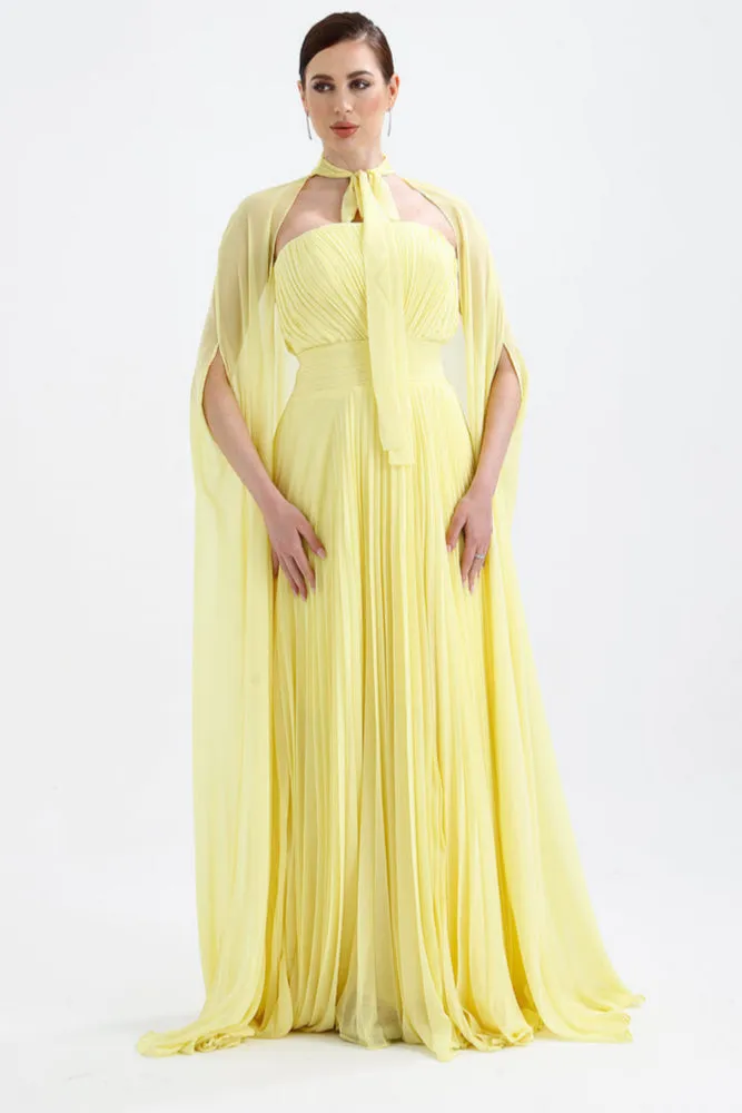 𝐀𝐃𝐄𝐋 Strapless Collar Pleated Chiffon Cape Evening Dress-T56735