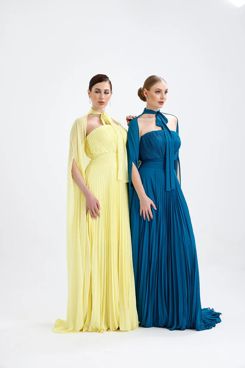 𝐀𝐃𝐄𝐋 Strapless Collar Pleated Chiffon Cape Evening Dress-T56735