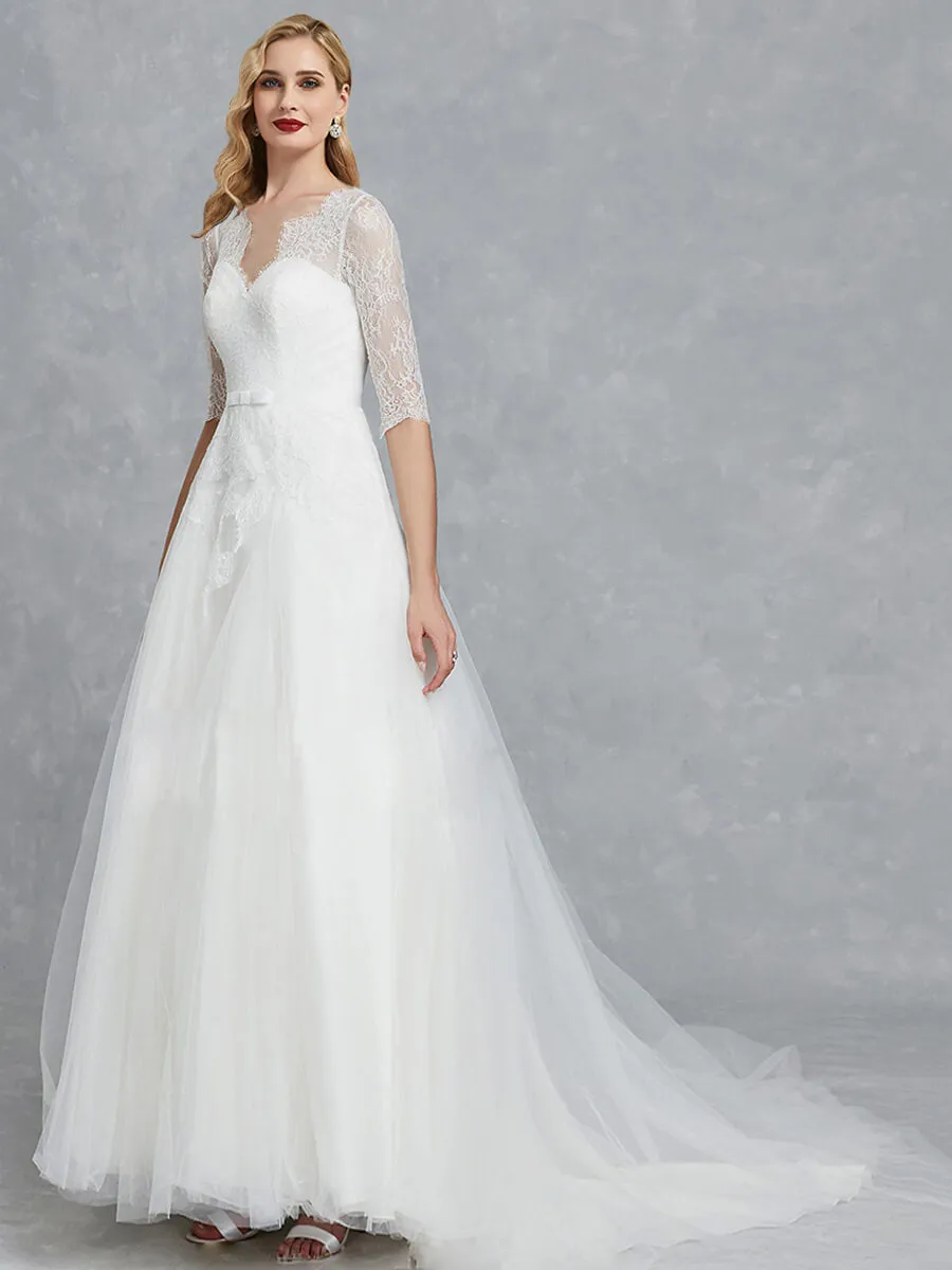 1/2 Sleeve Illusion Sweetheart A-Line Floor Length Soft Lace Wedding Gown For Brides