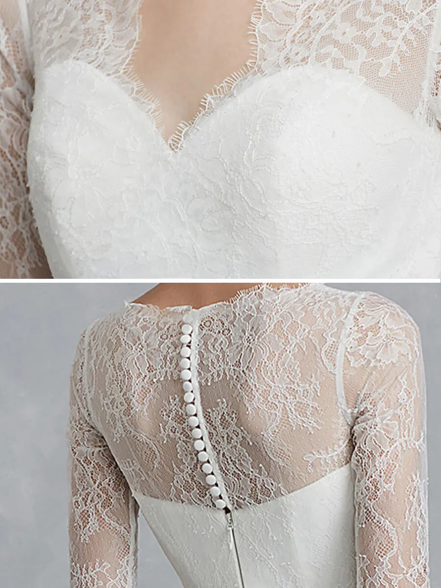 1/2 Sleeve Illusion Sweetheart A-Line Floor Length Soft Lace Wedding Gown For Brides