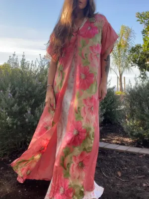1910s Edwardian Pink Floral Smocked Dressing Gown