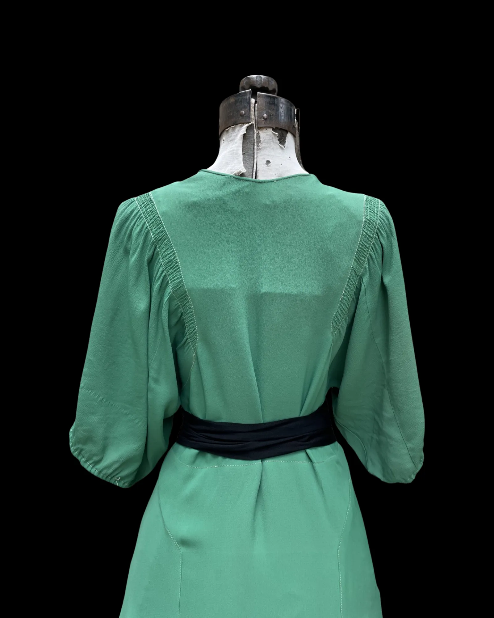 1930s Bias Cut Rayon Crepe Kelly Green Balloon Sleeve Dress