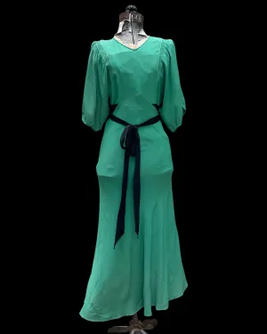 1930s Bias Cut Rayon Crepe Kelly Green Balloon Sleeve Dress