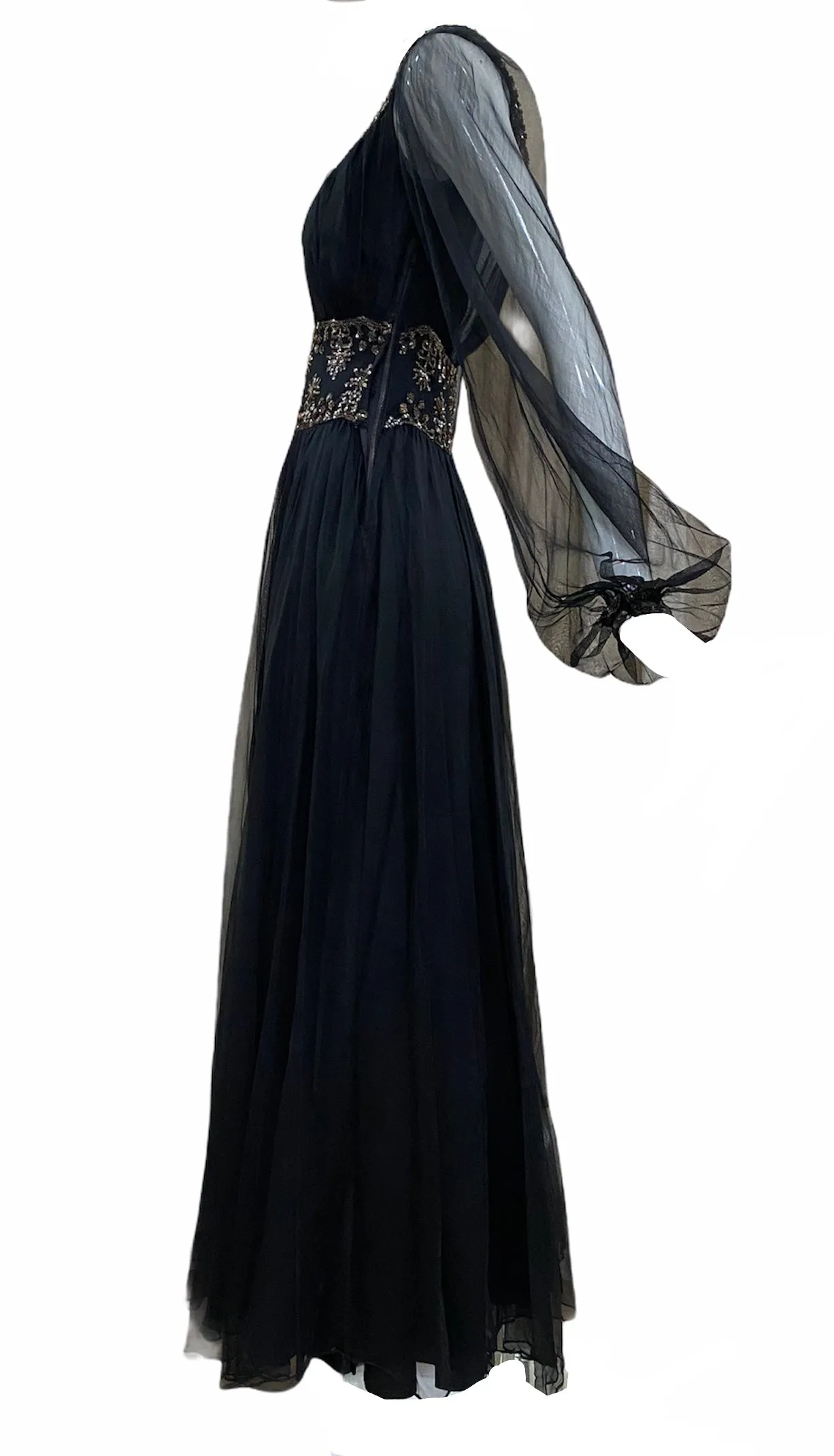 1940's Black Organza Gown with Gold Sequins & Beading