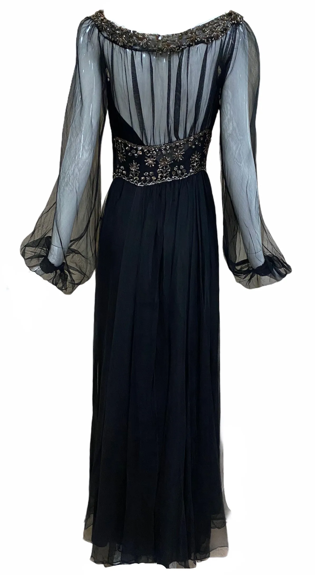 1940's Black Organza Gown with Gold Sequins & Beading