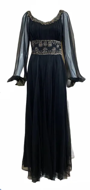1940's Black Organza Gown with Gold Sequins & Beading