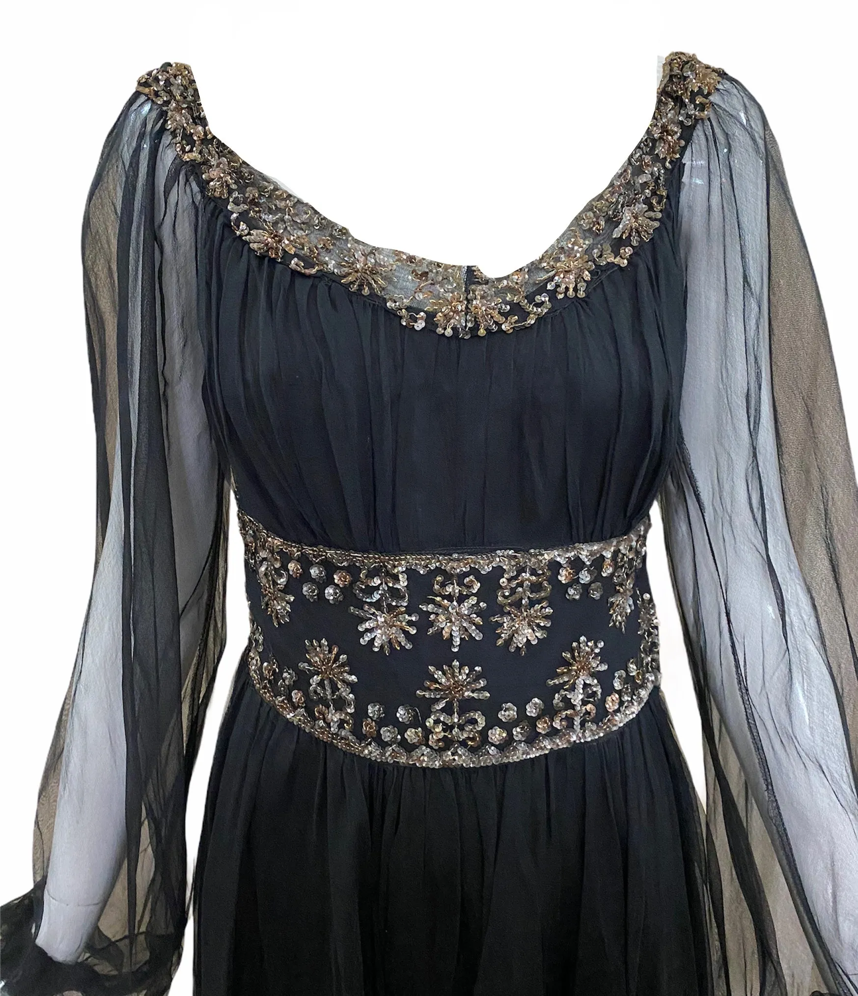 1940's Black Organza Gown with Gold Sequins & Beading