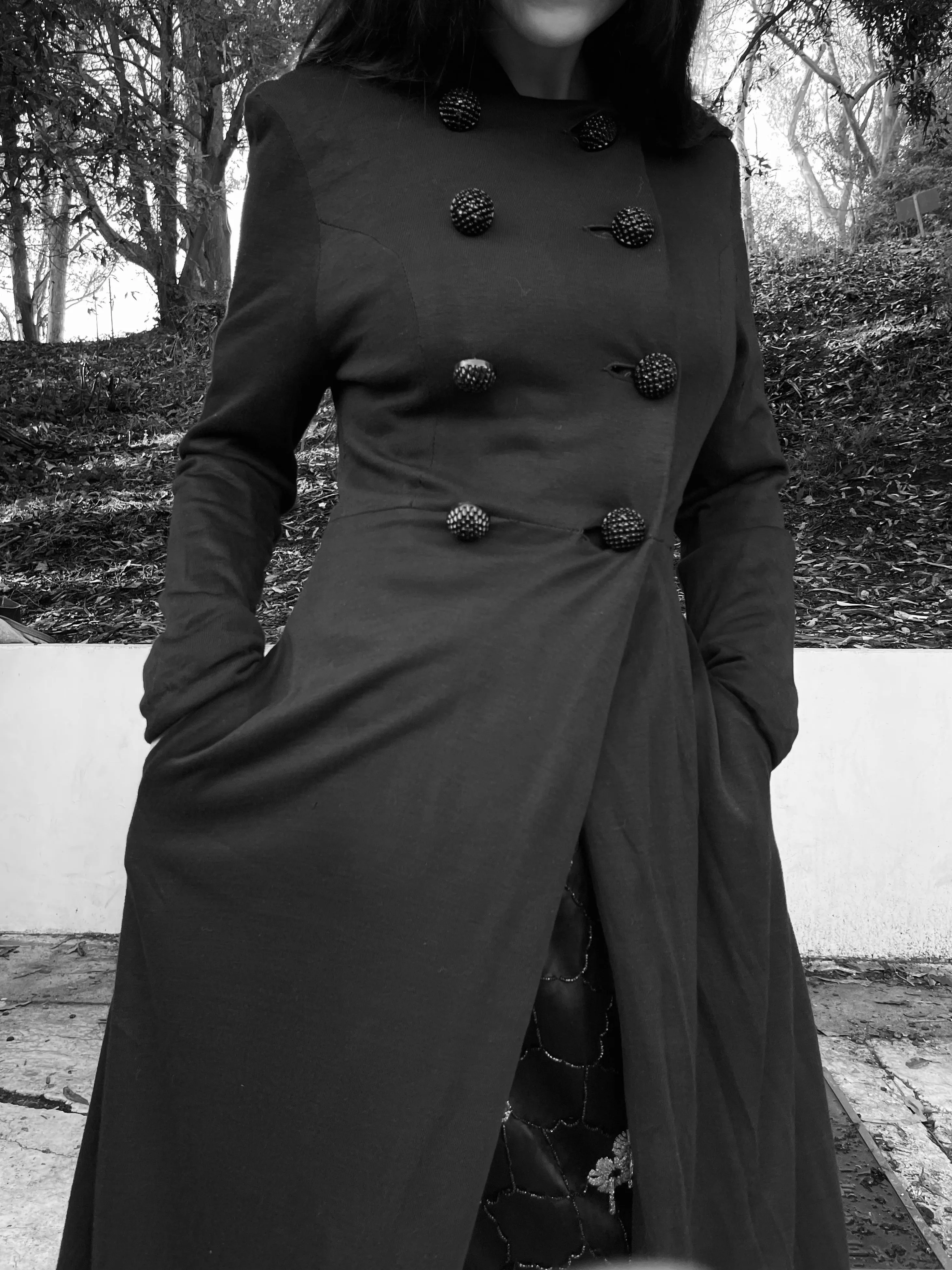 1940s Knit Jersey Hooded Evening Double Breasted Evening Coat