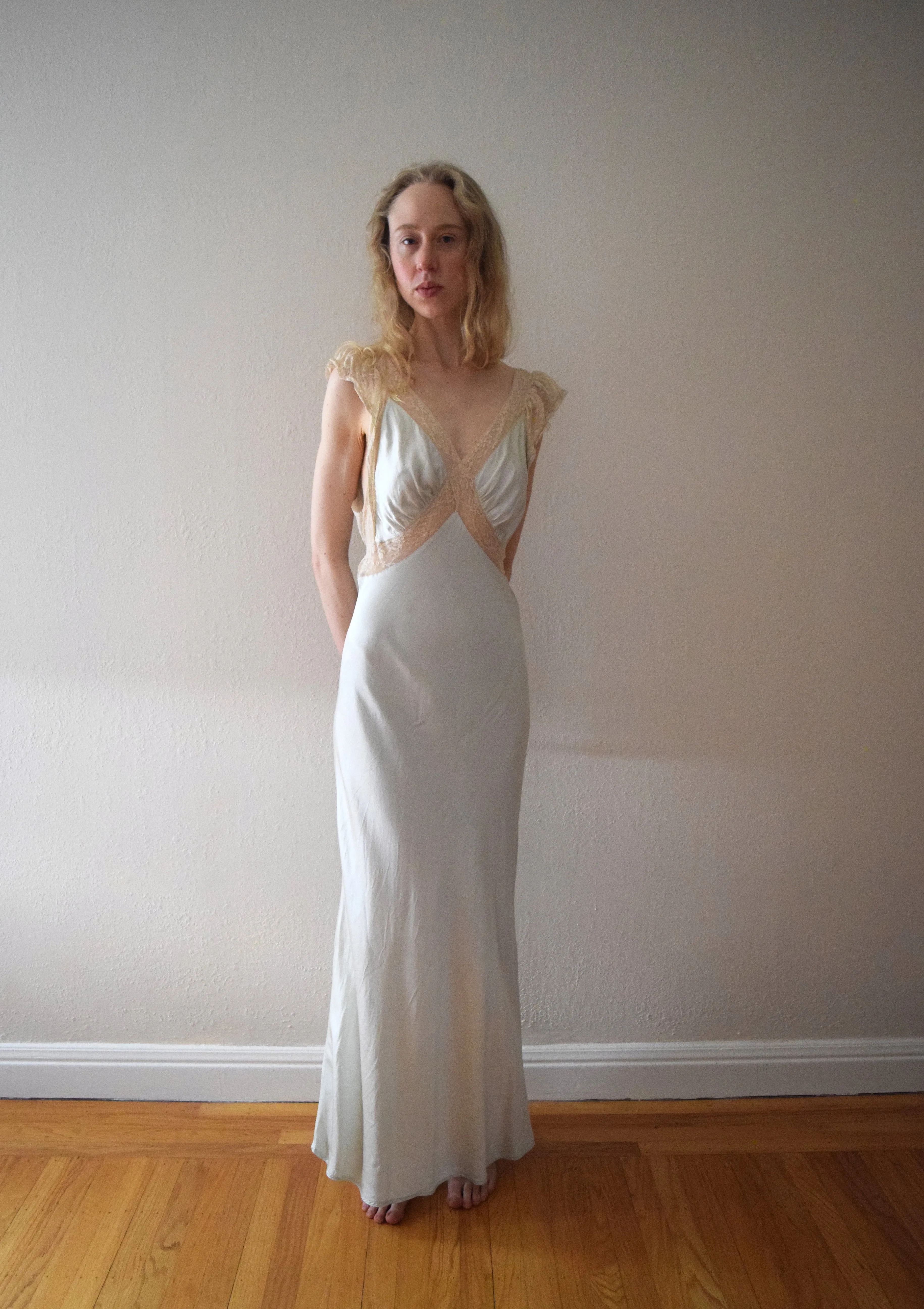 1940s silk satin and lace bias cut gown . size xs to s/m