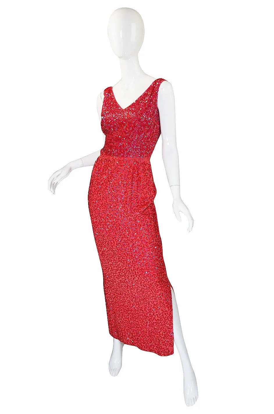 1950s Bombshell Red Sequin & Bead Gown
