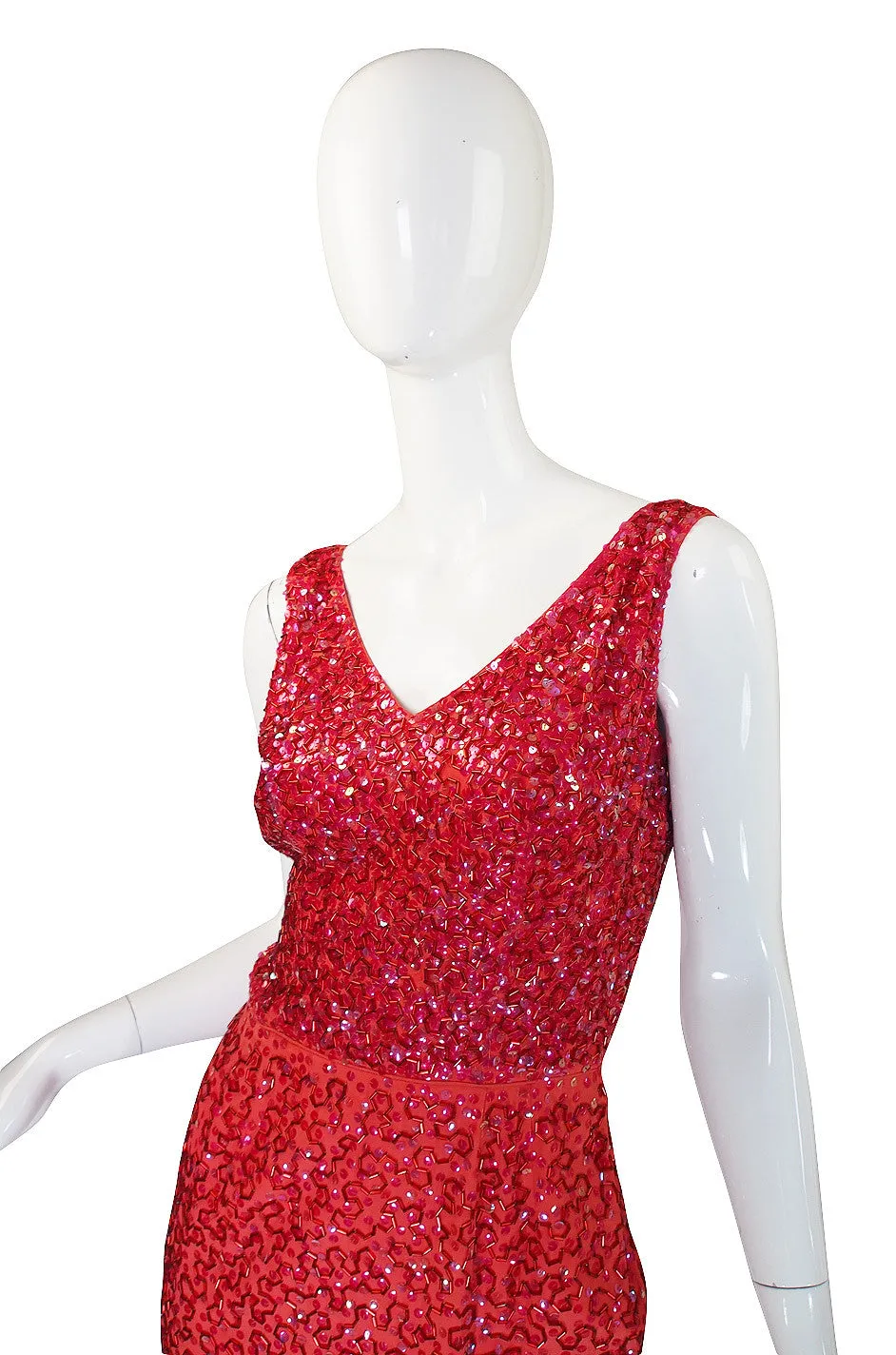 1950s Bombshell Red Sequin & Bead Gown
