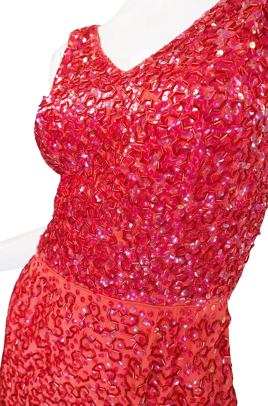 1950s Bombshell Red Sequin & Bead Gown