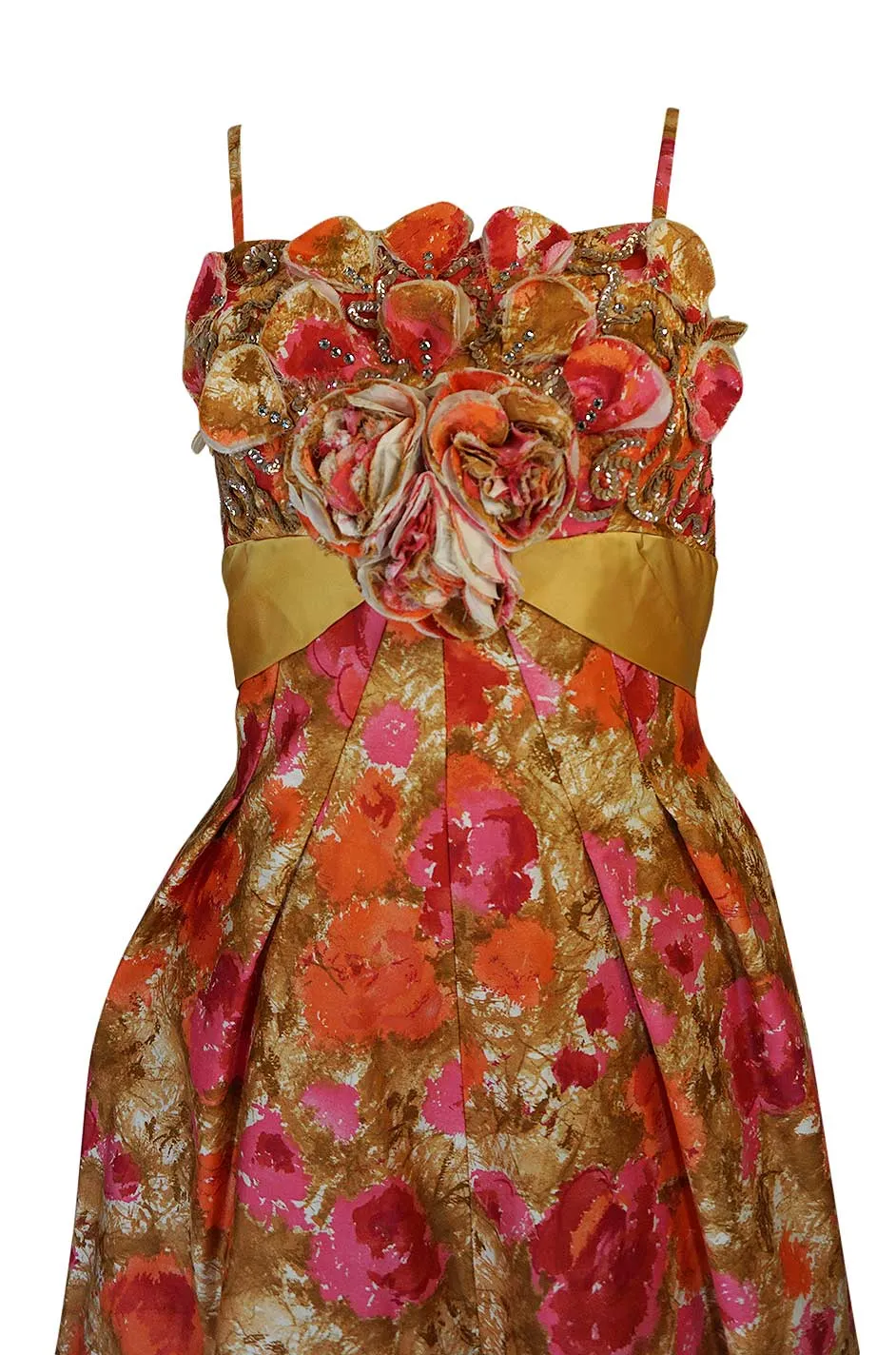 1950s Sequin, Rhinestone & 3D Floral Detailed Polished Cotton Dress