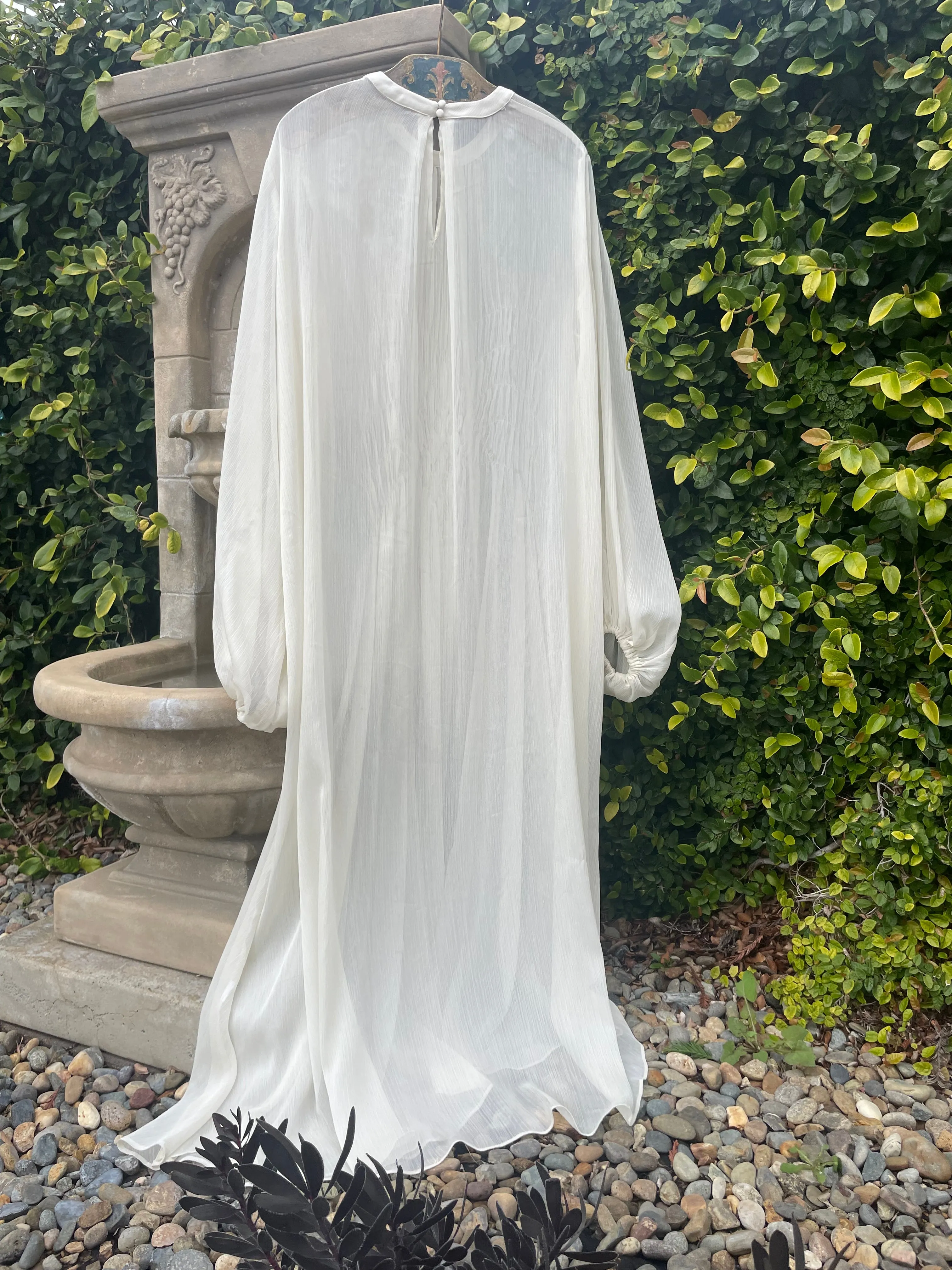 1960s Does 1930s Balloon Sleeve Smocked Crepe Chiffon Dress