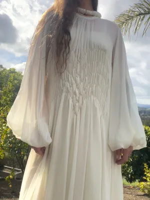1960s Does 1930s Balloon Sleeve Smocked Crepe Chiffon Dress