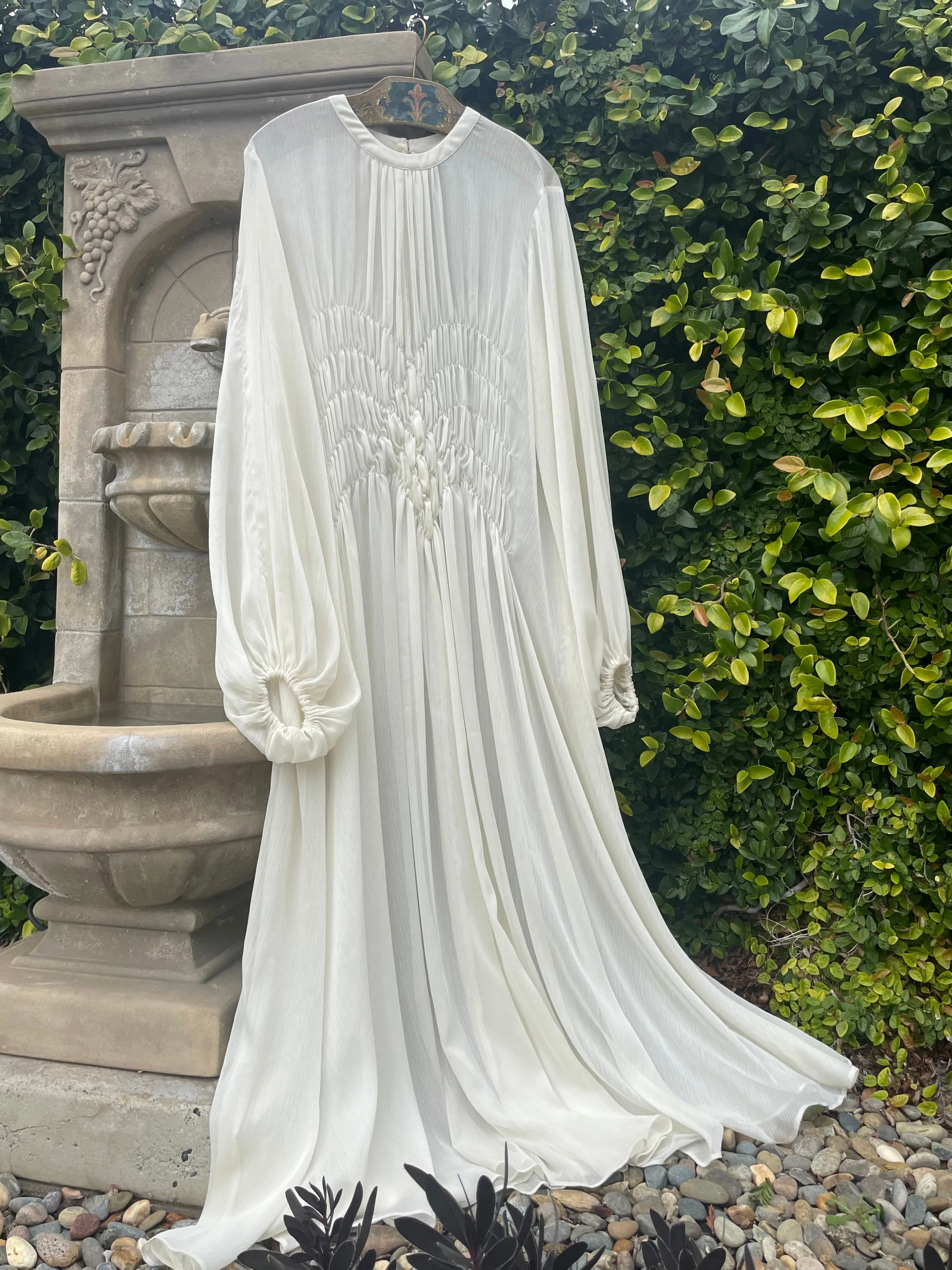 1960s Does 1930s Balloon Sleeve Smocked Crepe Chiffon Dress