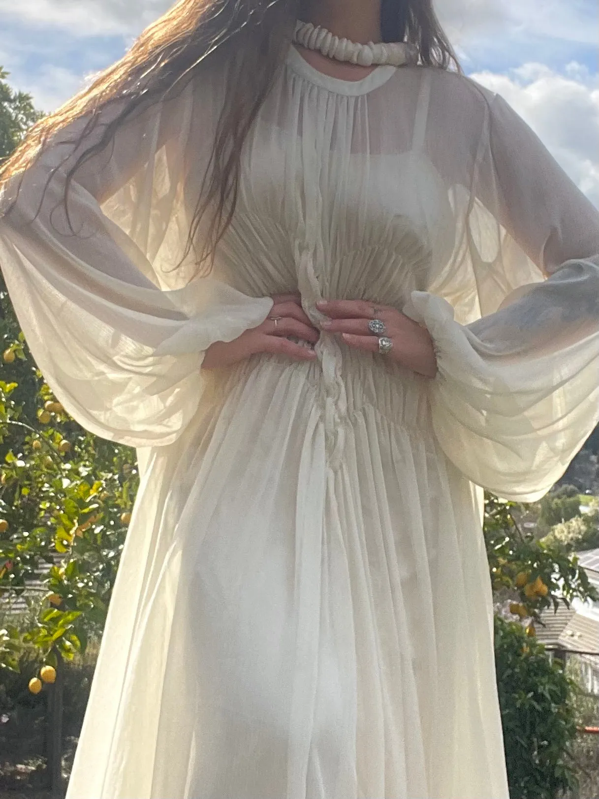 1960s Does 1930s Balloon Sleeve Smocked Crepe Chiffon Dress
