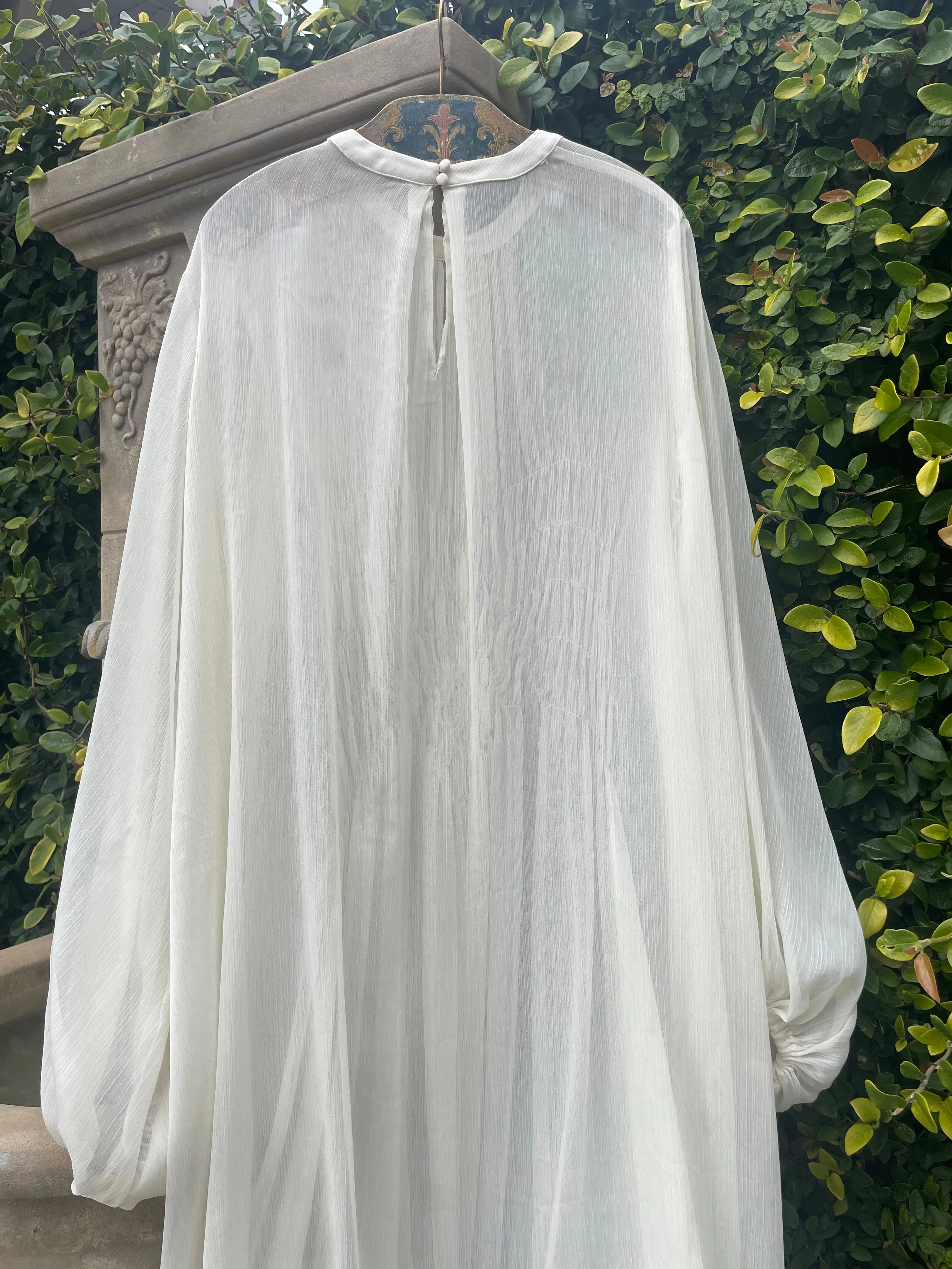 1960s Does 1930s Balloon Sleeve Smocked Crepe Chiffon Dress