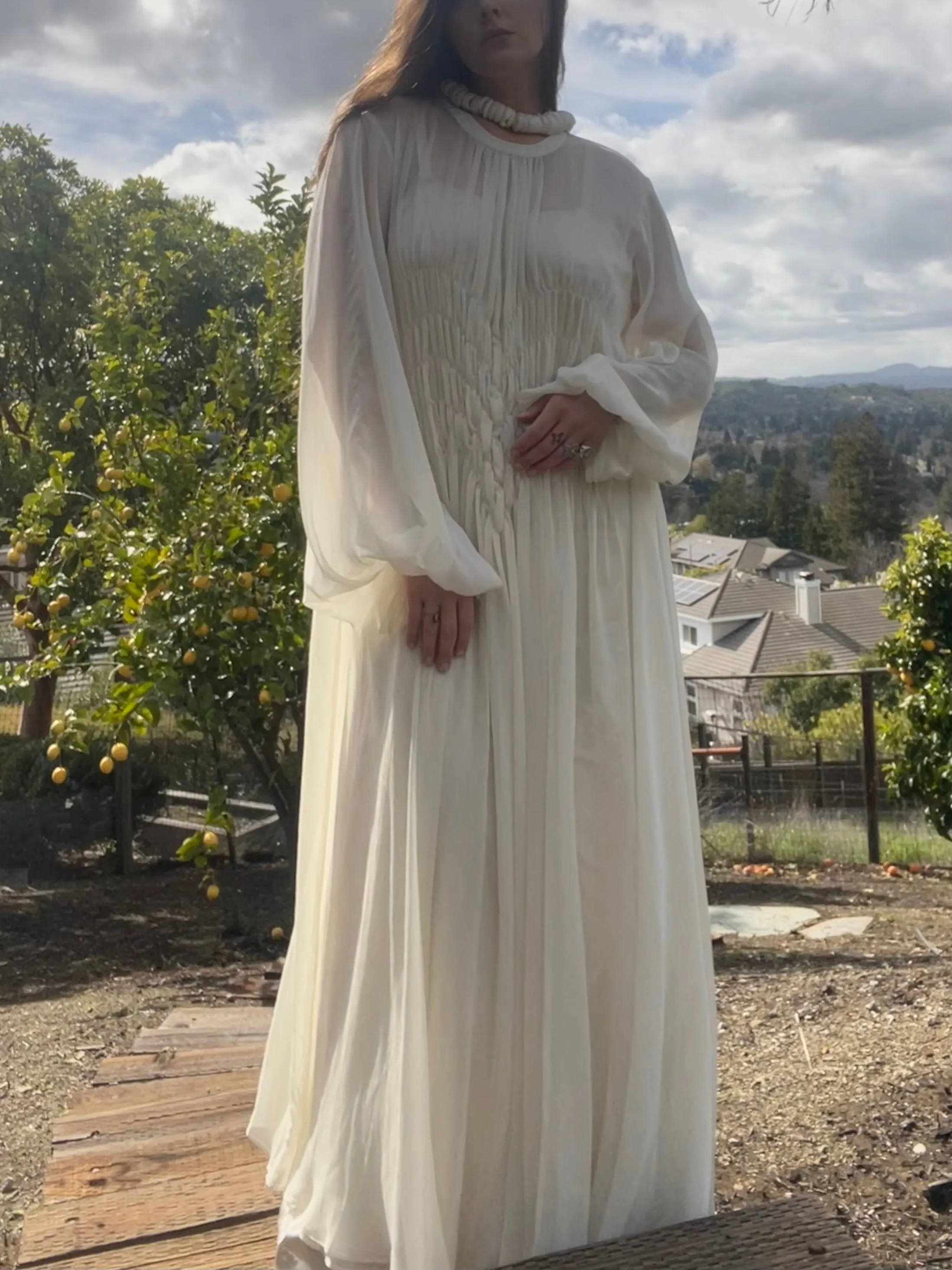 1960s Does 1930s Balloon Sleeve Smocked Crepe Chiffon Dress