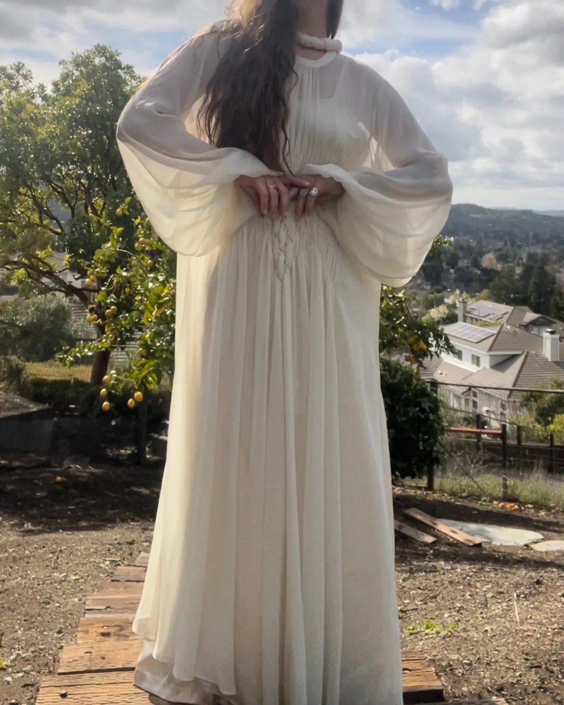 1960s Does 1930s Balloon Sleeve Smocked Crepe Chiffon Dress