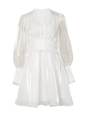 1960S White Puff Long Sleeve Organza Dress