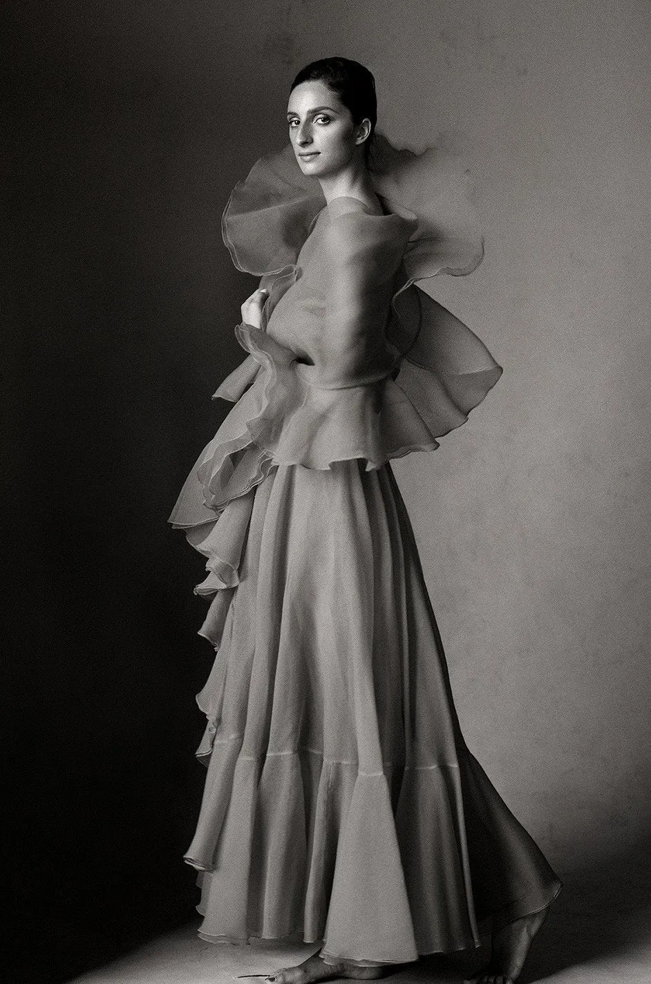 1972 Ferdinando Sarmi Strapless Silk Organza Ruffle Dress