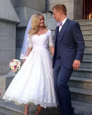 2019 Vintage Wedding Dresses Half Sleeve Tea-Length Lace Country Short Wedding Gowns