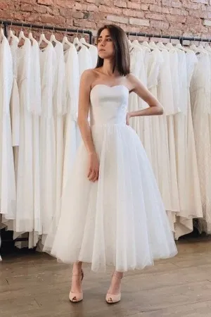 2020 Tea-Length Tulle Skirt Bridal Dress for Informal Weddings