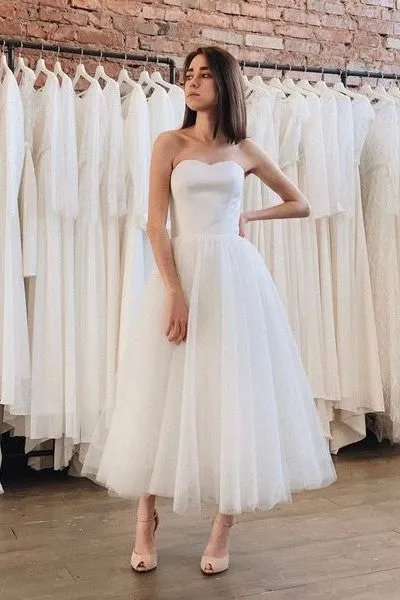 2020 Tea-Length Tulle Skirt Bridal Dress for Informal Weddings