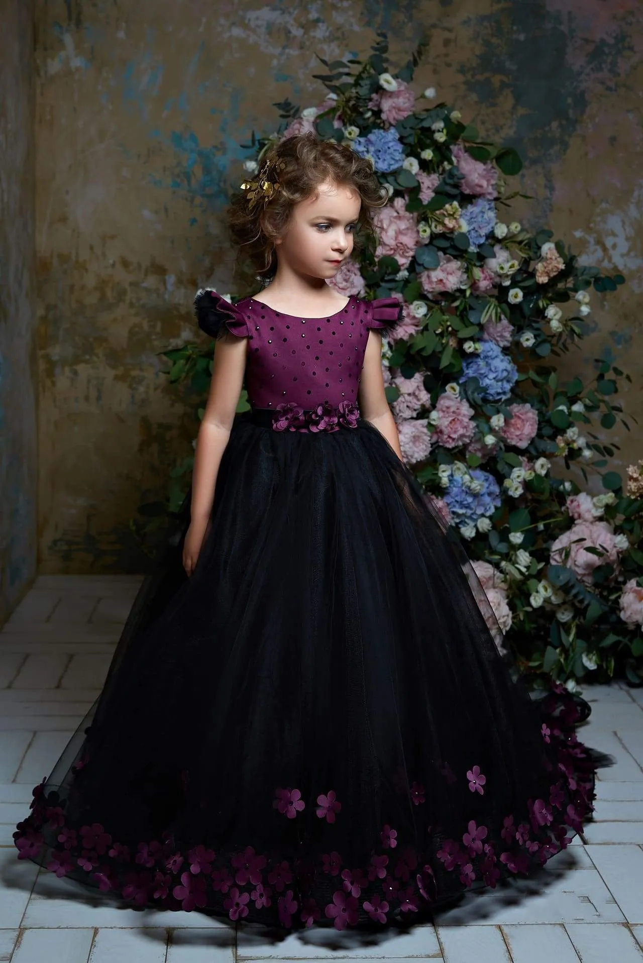 2318 Paulina Burgundy Girls Flutter Sleeves Ball Gown Long Dress with Train