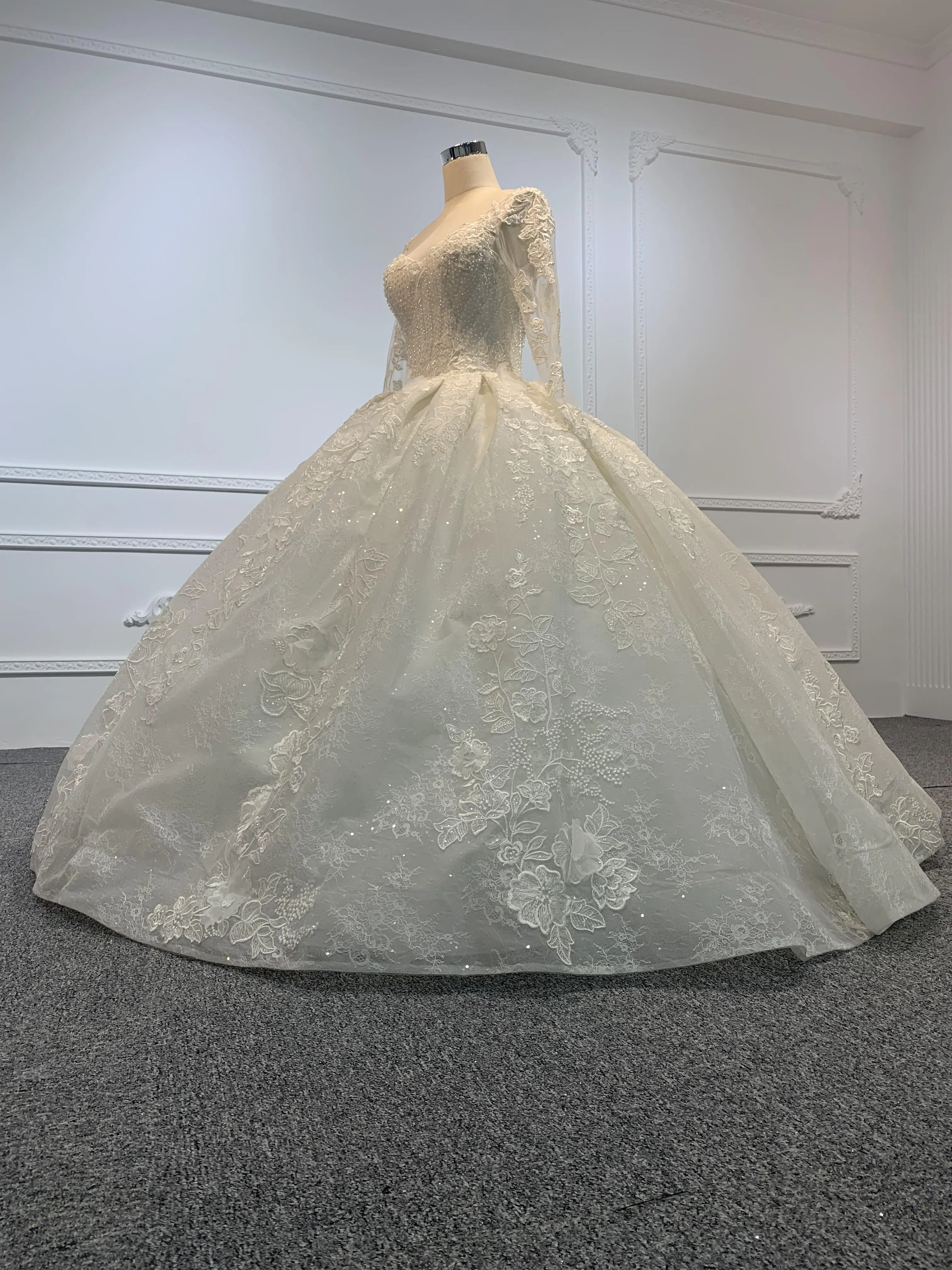 29647- Floor Length Long Sleeves Embroidered Ball Gown