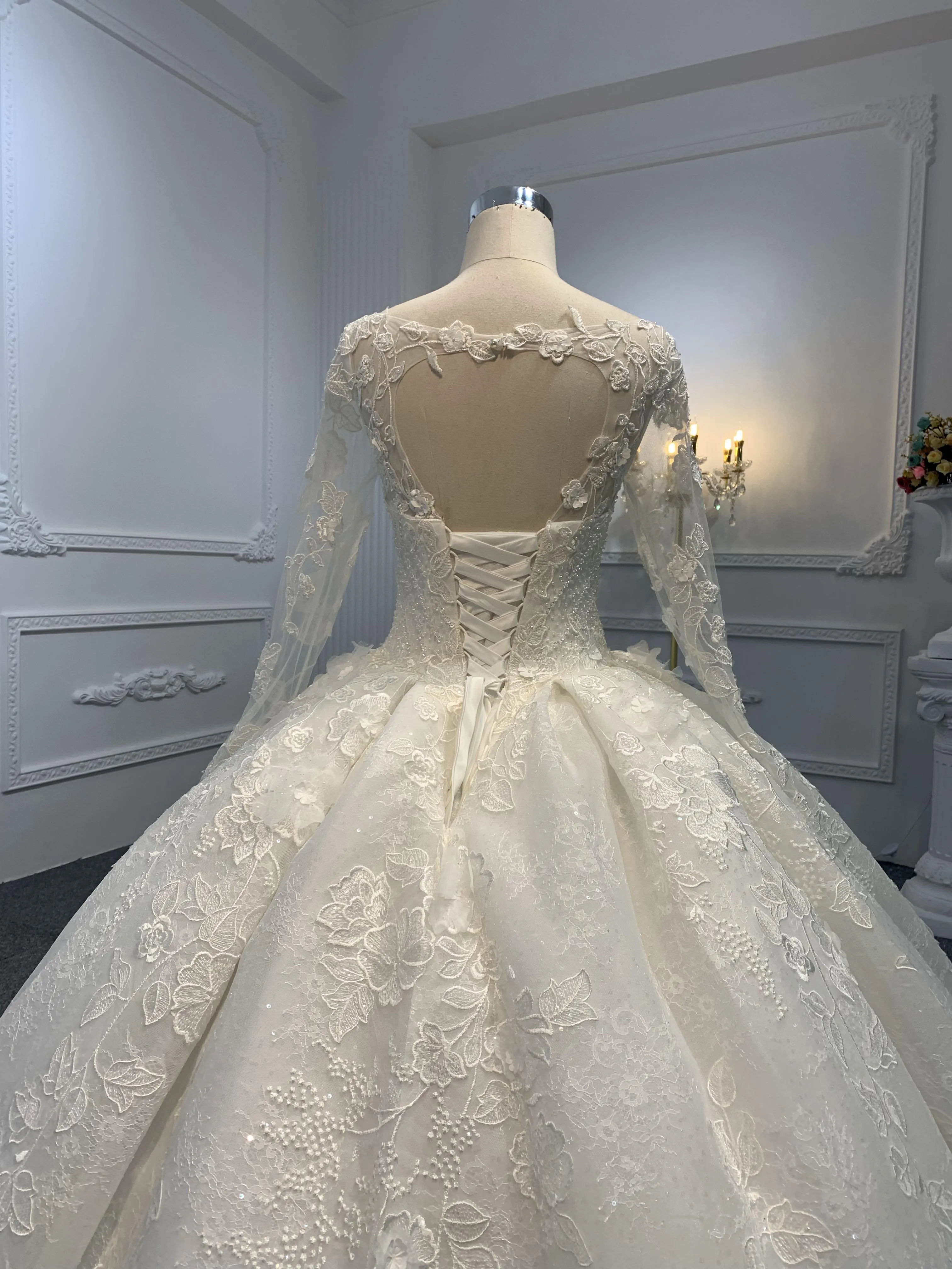 29647- Floor Length Long Sleeves Embroidered Ball Gown
