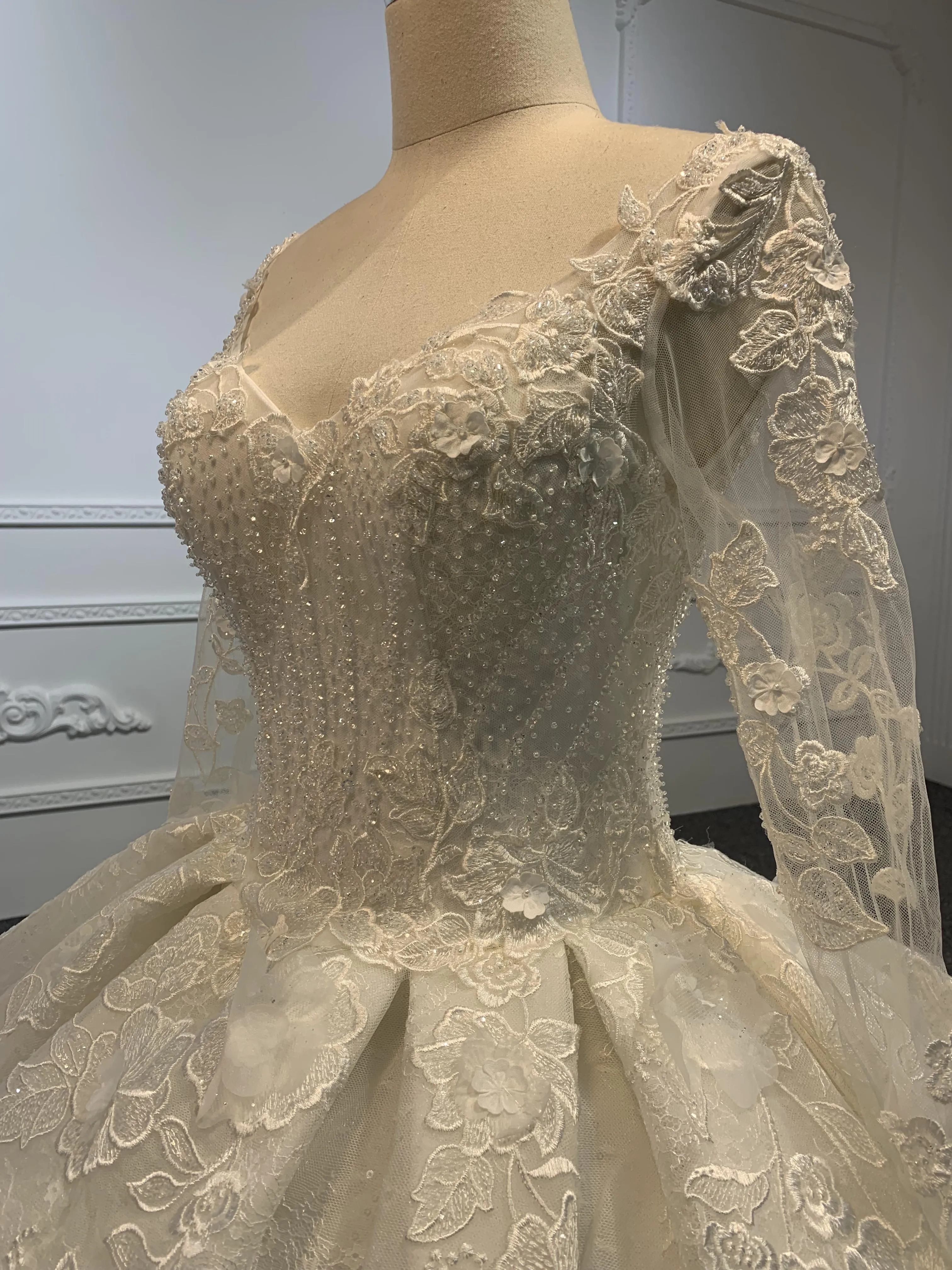 29647- Floor Length Long Sleeves Embroidered Ball Gown