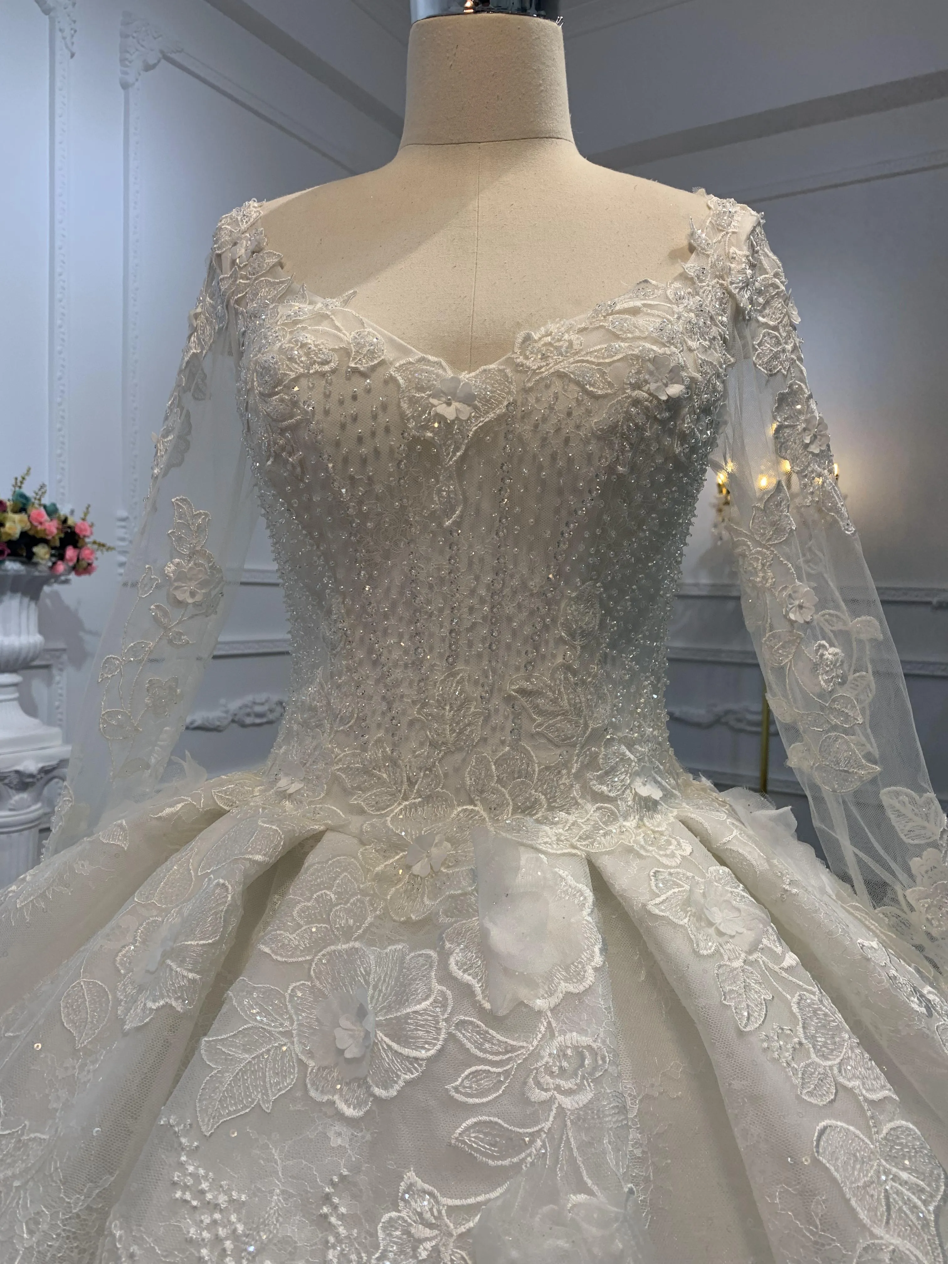 29647- Floor Length Long Sleeves Embroidered Ball Gown