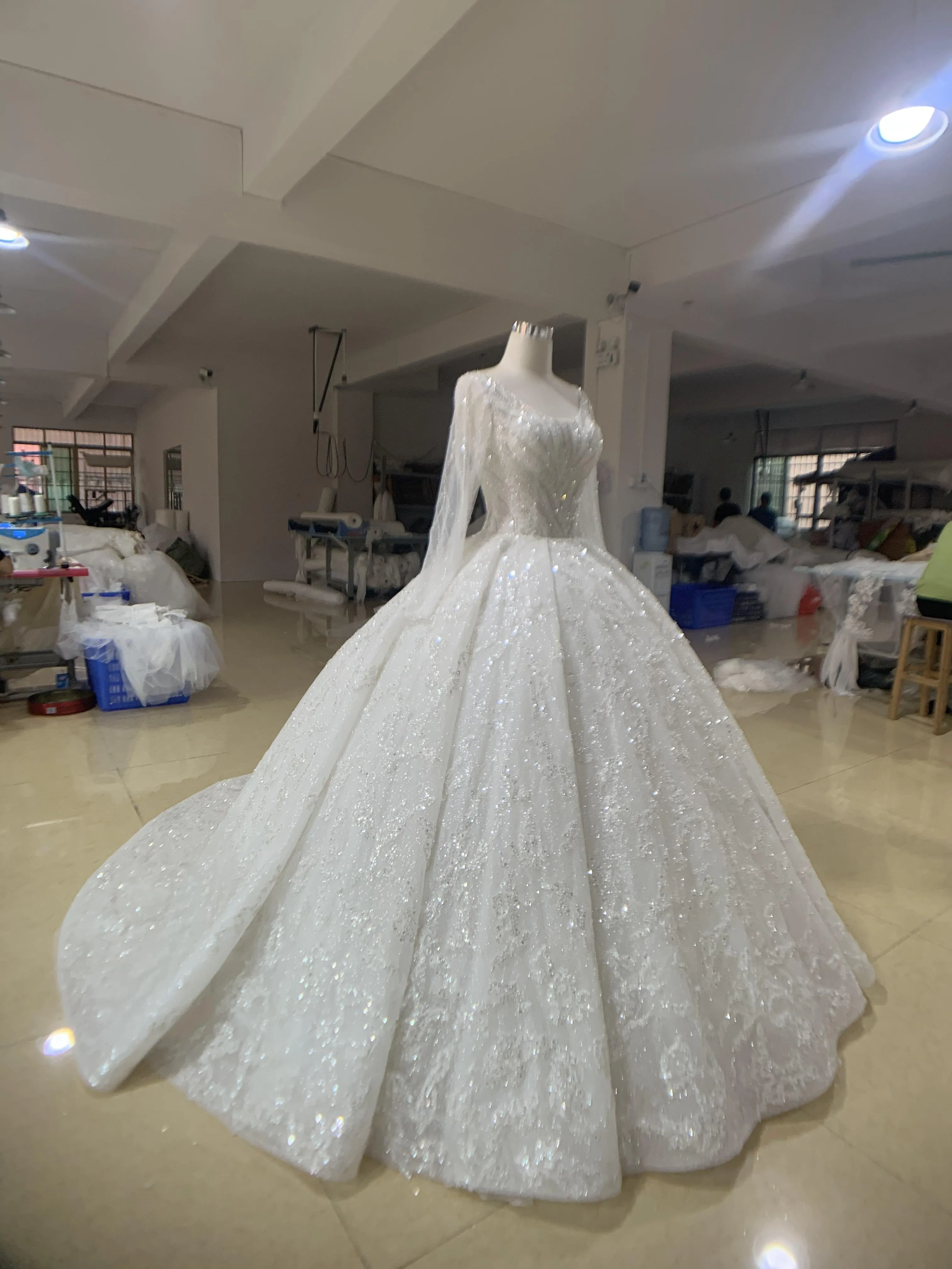 29747-BYG long sleeves heavy beadings white wedding gown