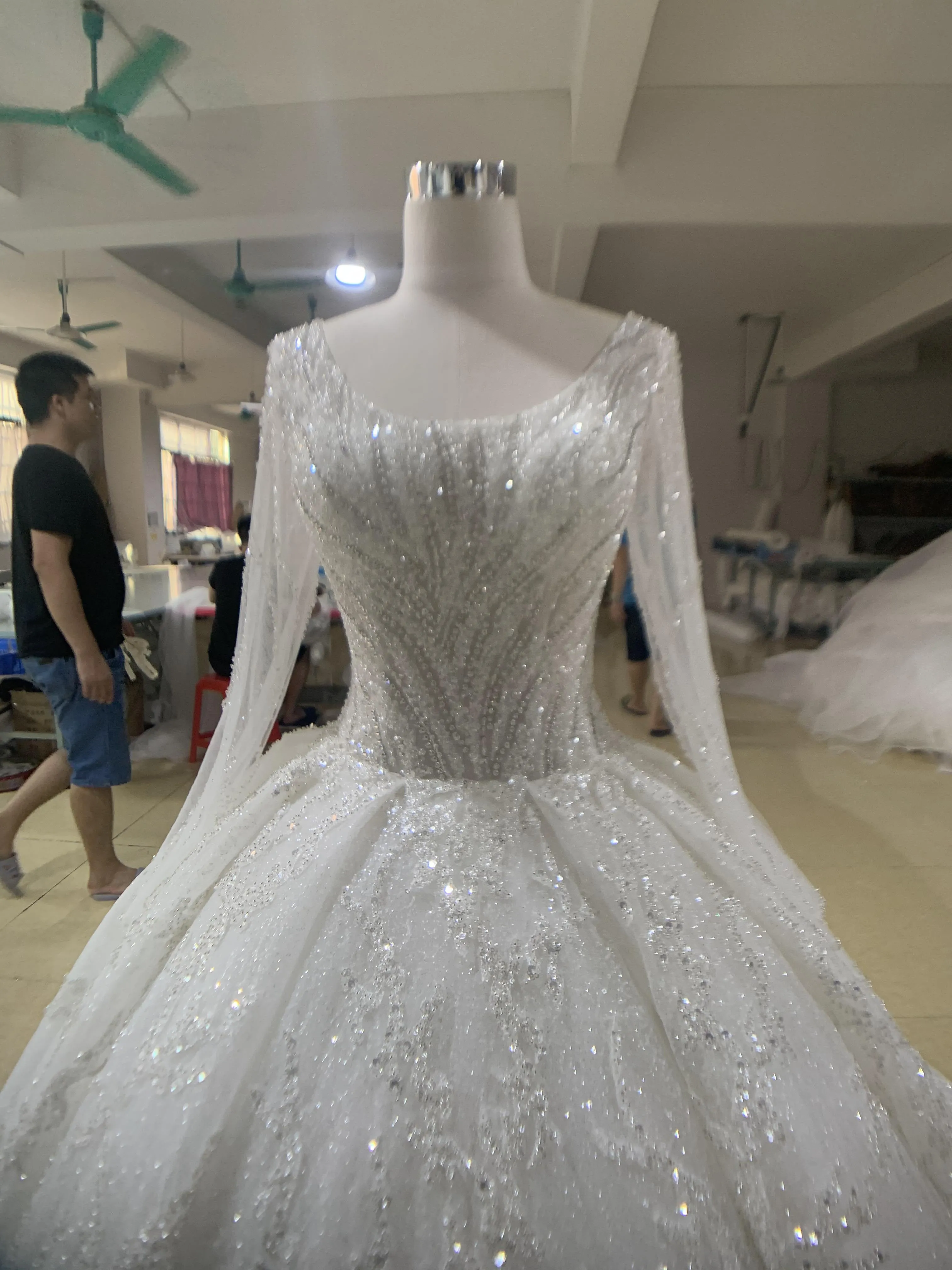 29747-BYG long sleeves heavy beadings white wedding gown