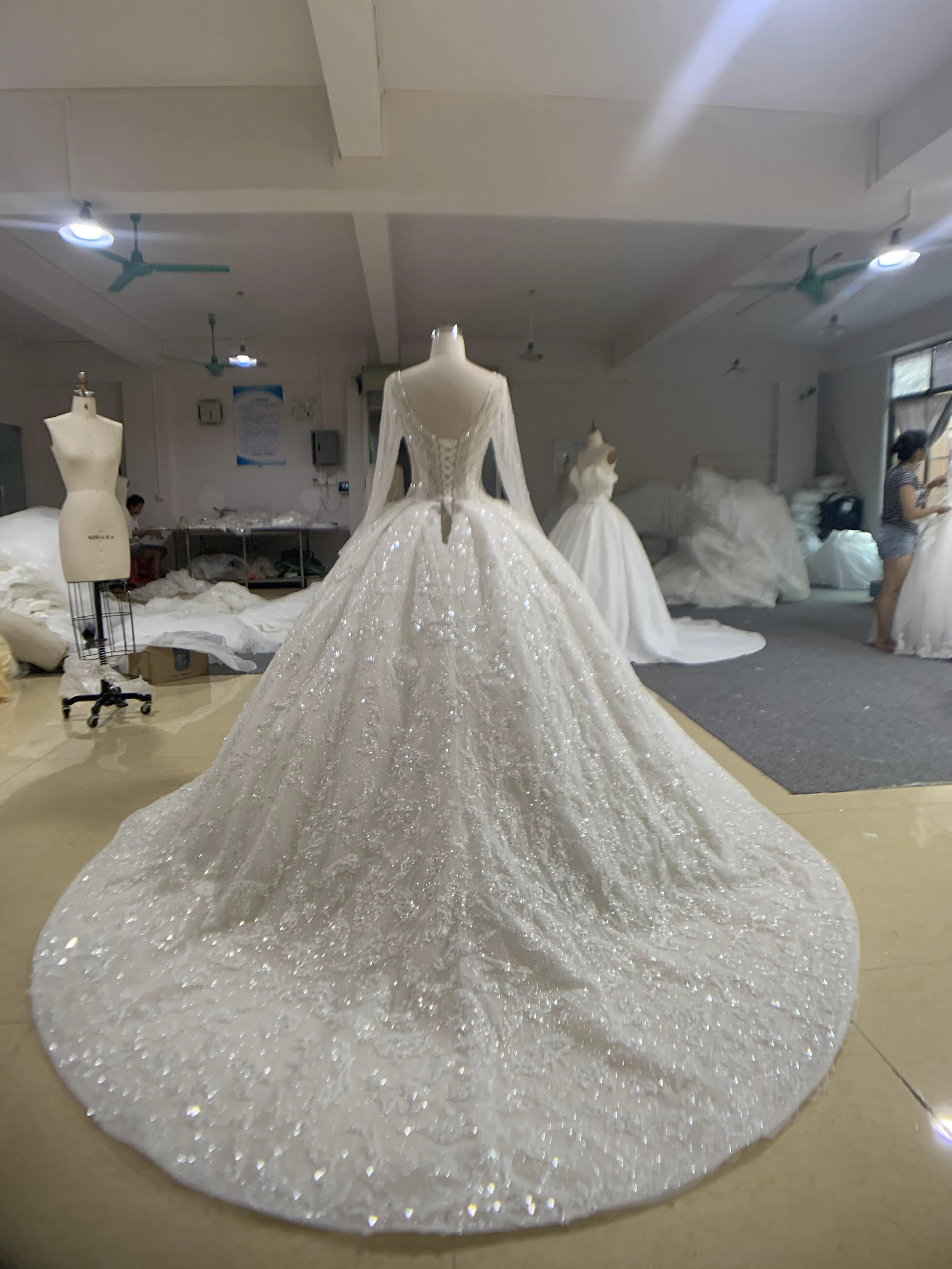 29747-BYG long sleeves heavy beadings white wedding gown