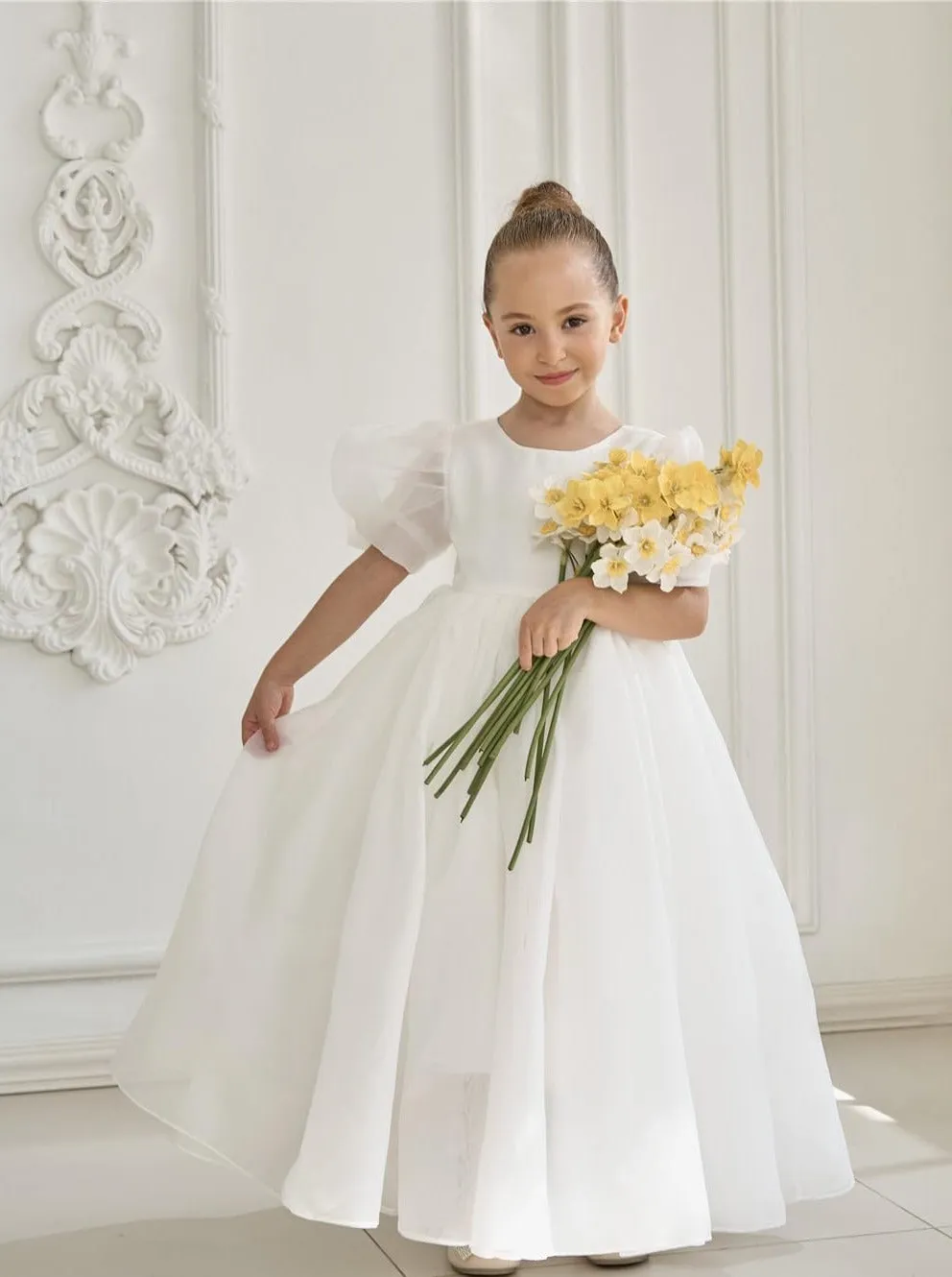 2Bunnies Girls' Organza Puff Sleeve Babydoll Dress in White Maxi