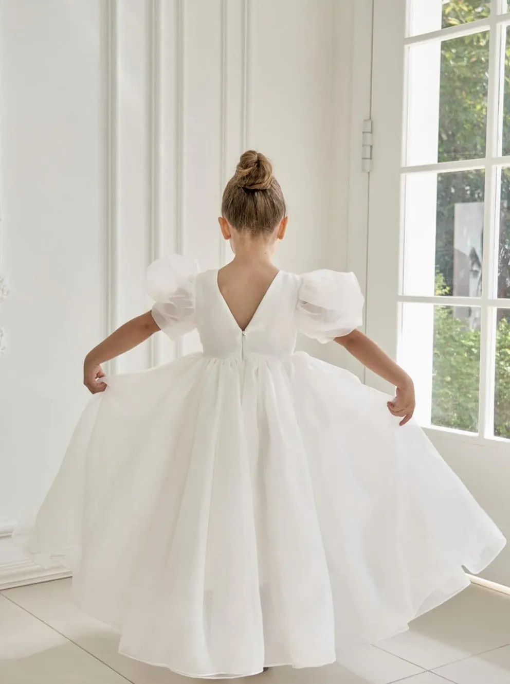 2Bunnies Girls' Organza Puff Sleeve Babydoll Dress in White Maxi