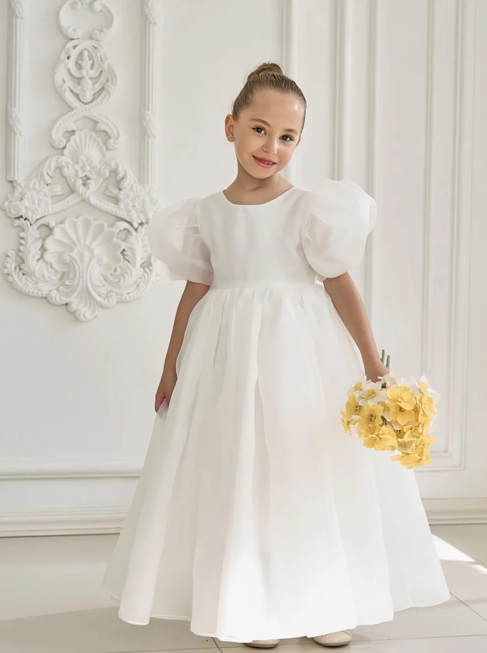 2Bunnies Girls' Organza Puff Sleeve Babydoll Dress in White Maxi